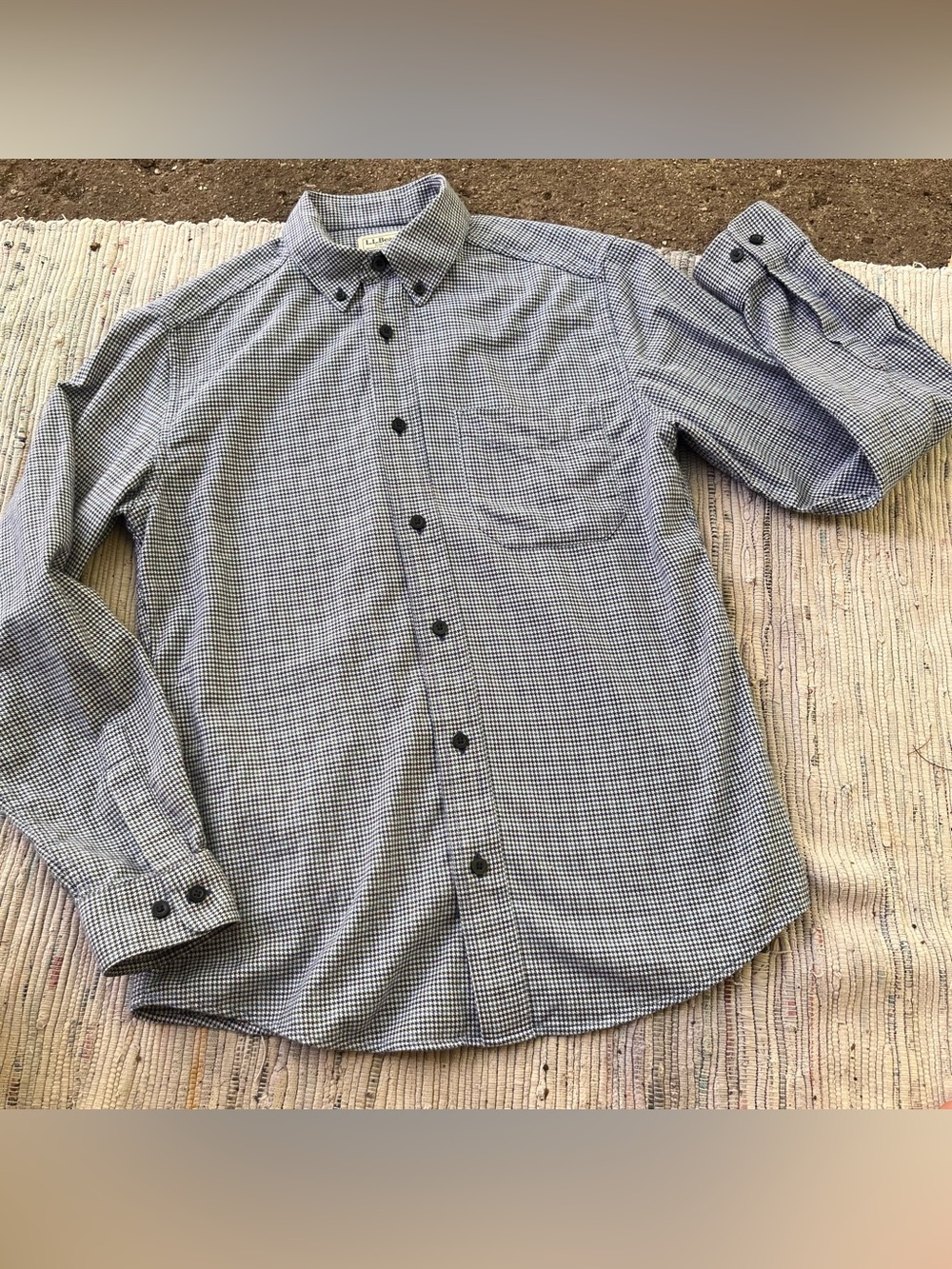 LL Bean Flannel Shirt blue Houndstooth Button Down Wicked 508103